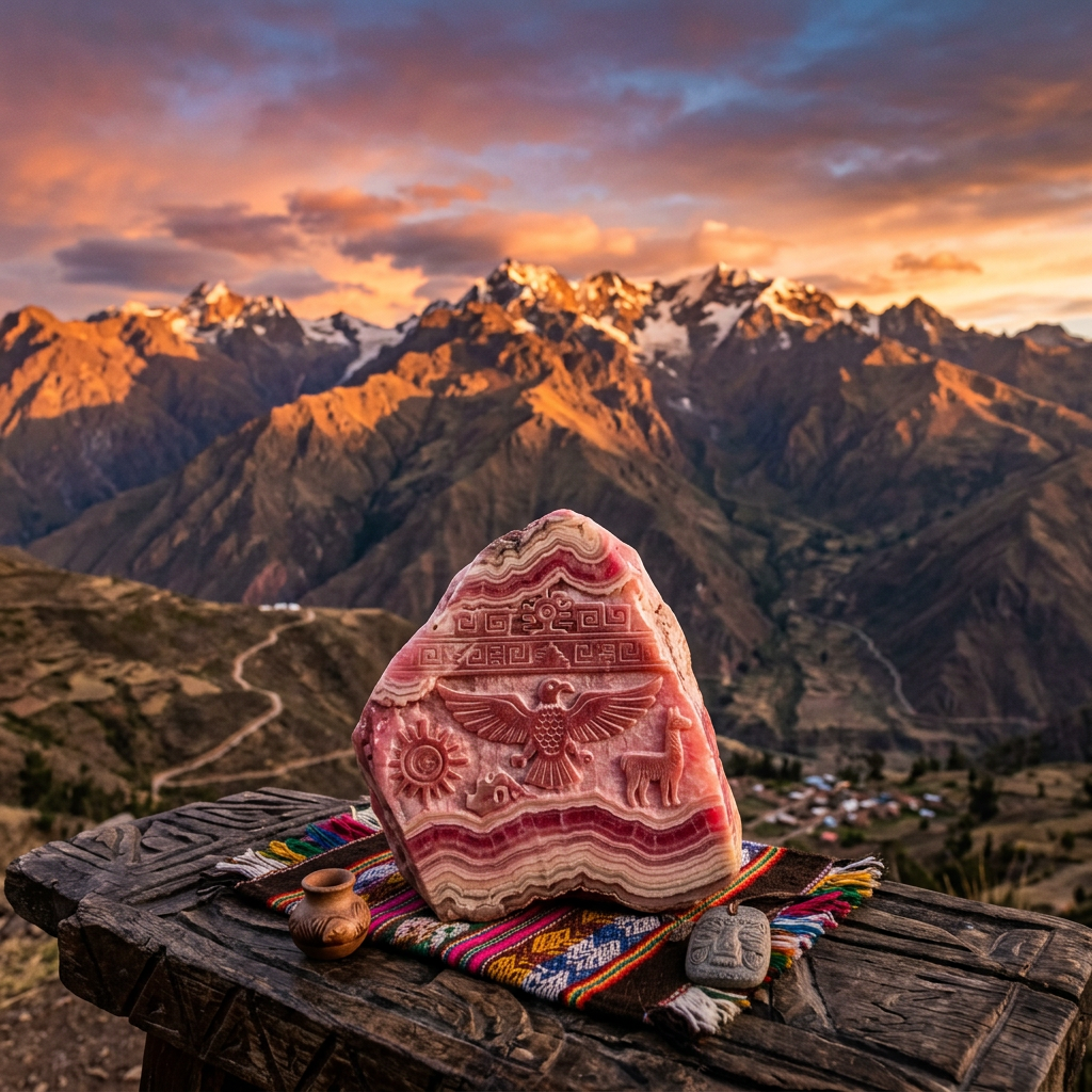 Carved pink stone with Andean motifs on rustic table with mountain sunset background