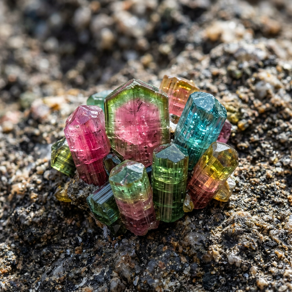 Cluster of green, pink, blue, and yellow tourmaline crystals on rough rock